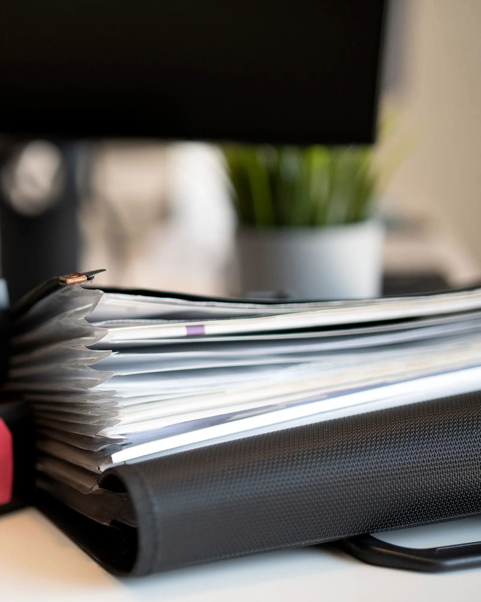A stack of ring binders on a desk, colour-coded tabs, a plant in soft focus behind.